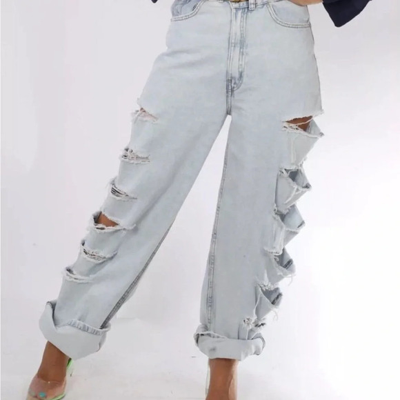 Highway Jeans Factory Distressed Ripped Light Blue Wide Leg Denim Size 3 NWT - Picture 2 of 16